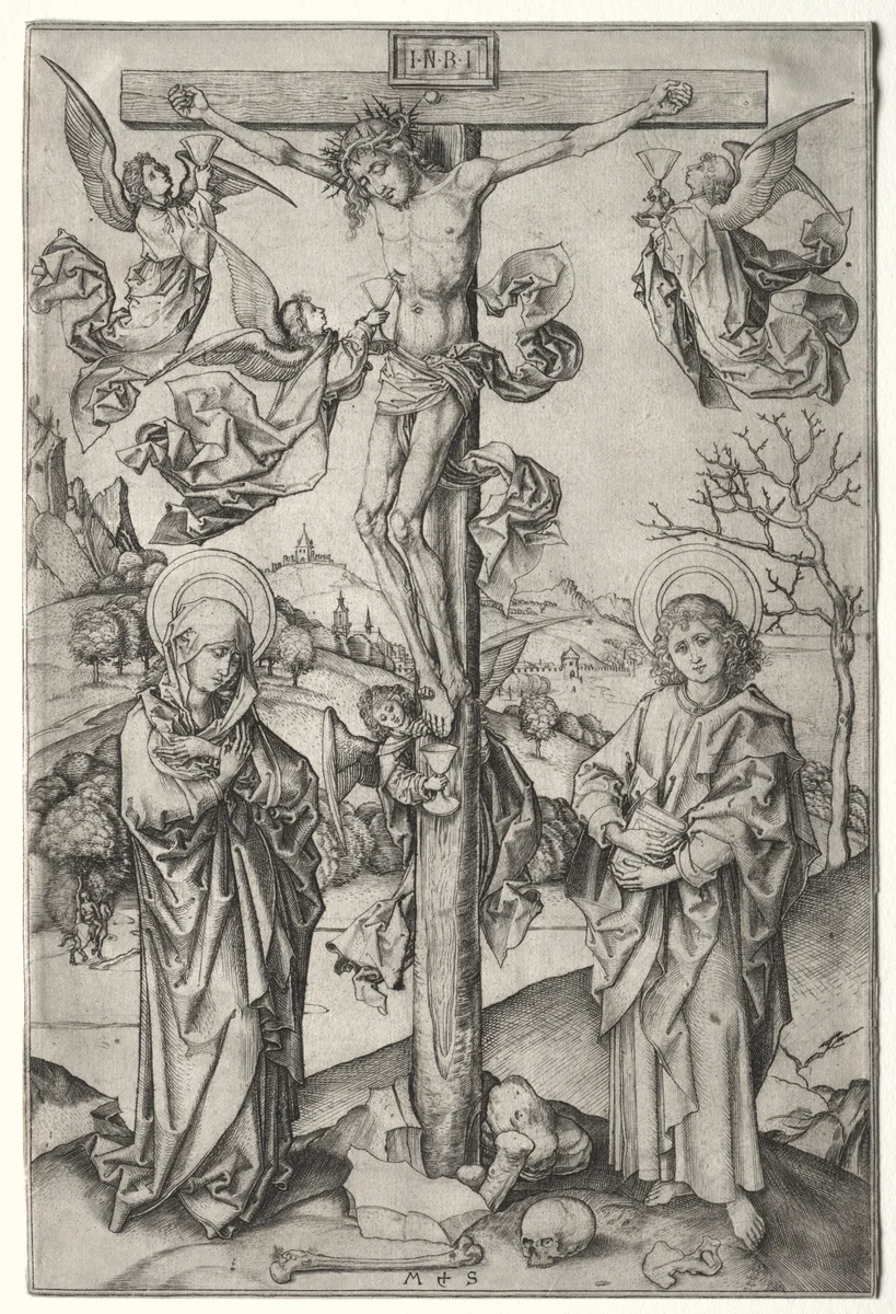 The Crucifixion with Four Angels by Martin Schongauer, print, 1470-1480