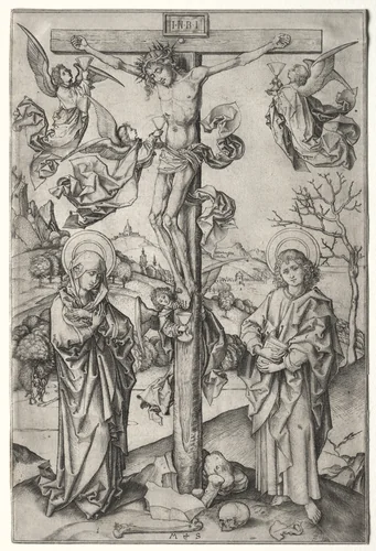 The Crucifixion with Four Angels by Martin Schongauer, print, 1470-1480