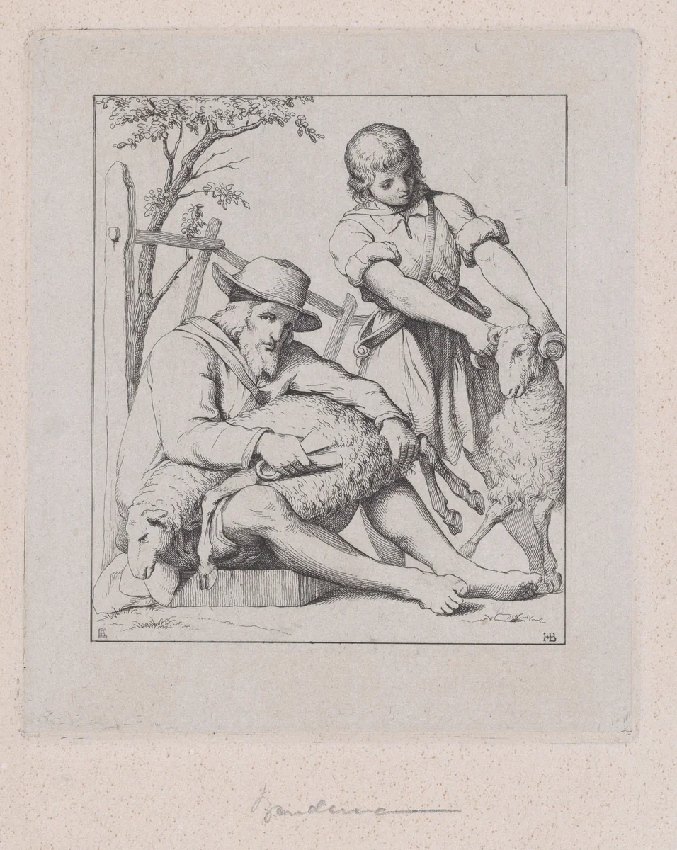 Two men sheep shearing by Eduard Julius Friedrich Bendemann, print, 1837-1847