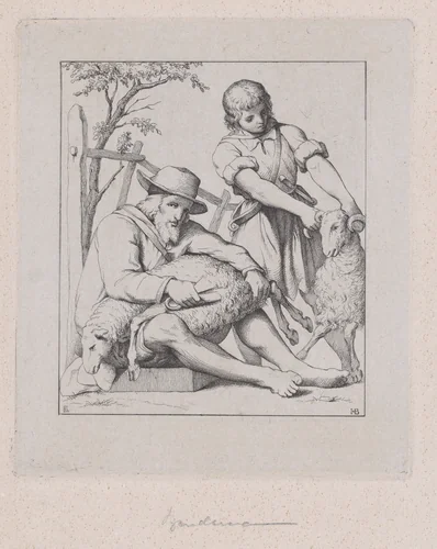 Two men sheep shearing by Eduard Julius Friedrich Bendemann, print, 1837-1847