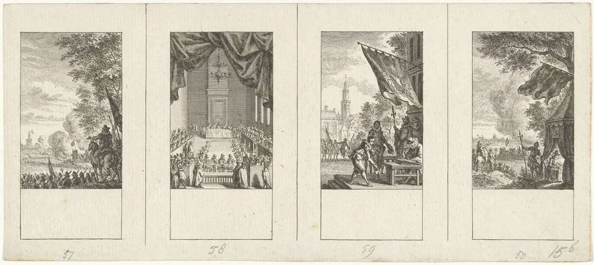 Vier episodes uit de vaderlandse geschiedenis by Simon Fokke, print, 1722-1784