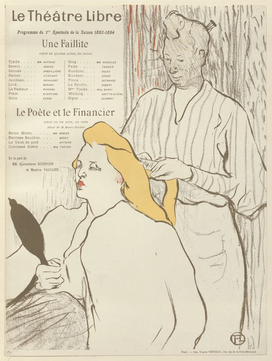 The Hairdresser (La coiffure), program for Bankruptcy (Une Faillite) and The poet and the financier (Le Poète et le financier) from The Beraldi Album of Theatre Programs by Henri de Toulouse-Lautrec, print, 1893