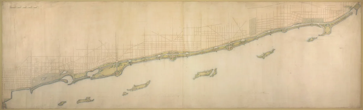 Plate 50 B from Plan of Chicago 1909: Lake Shore from Chicago Avenue on the south to Wilmette on the North. by Daniel Hudson Burnham
Edward Herbert Bennett, drawing, 1909