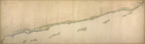 Plate 50 B from Plan of Chicago 1909: Lake Shore from Chicago Avenue on the south to Wilmette on the North. by Daniel Hudson Burnham
Edward Herbert Bennett, drawing, 1909