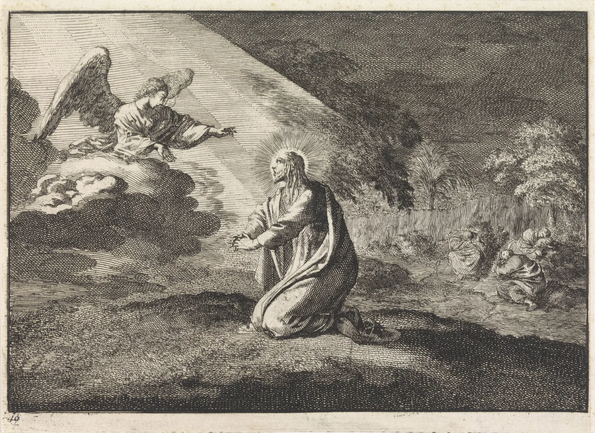 Christus in de hof van Getsemane by Jan Luyken, print, 1703