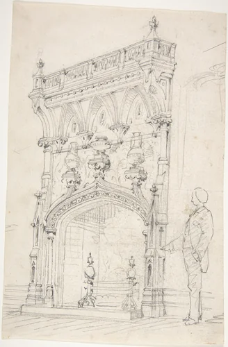 Design for a Tall Chimneypiece, Decorated with Vases by anonymous, drawing, 1800-1900