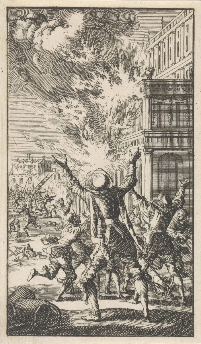 Brand in het Escorial by Jan Luyken, print, 1699