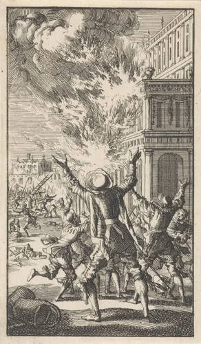 Brand in het Escorial by Jan Luyken, print, 1699