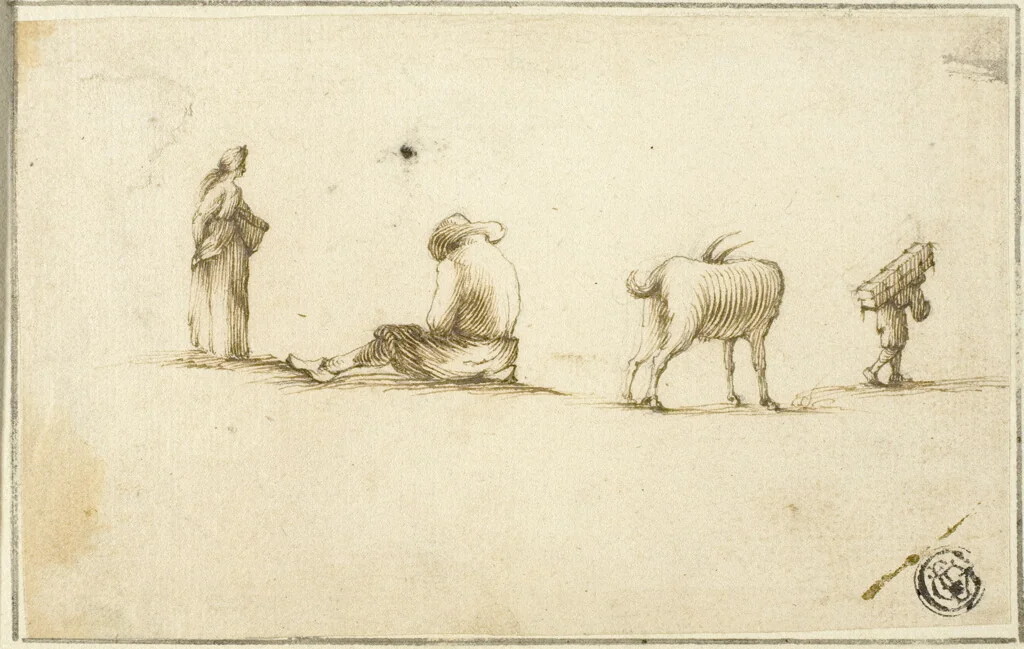 Sketches of Standing Woman, Seated Man, Goat, and Man Carrying Box on Back by Stefano della Bella, drawing, 1630-1664