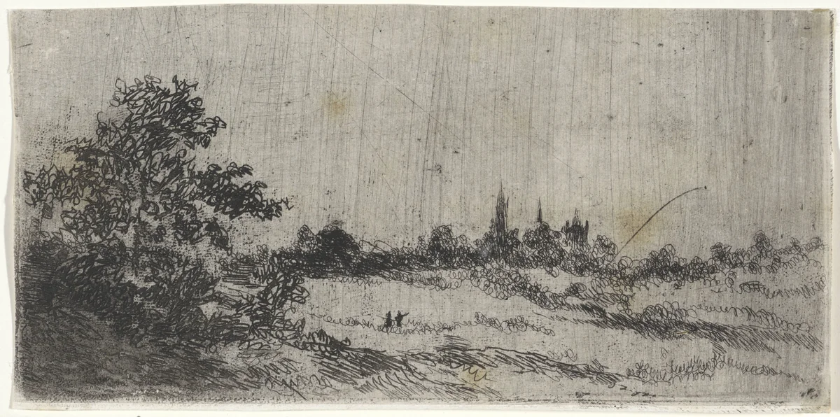 Landschap met kerktorens in de verte by Arnoud Schaepkens, print, 1831-1904
