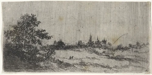 Landschap met kerktorens in de verte by Arnoud Schaepkens, print, 1831-1904