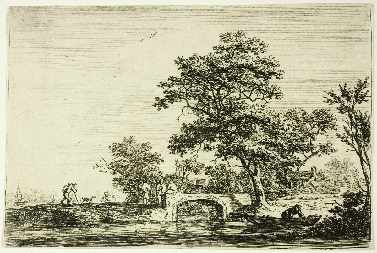 Four Men on a Stone Bridge by Anthonie Waterloo, print, 1630-1690