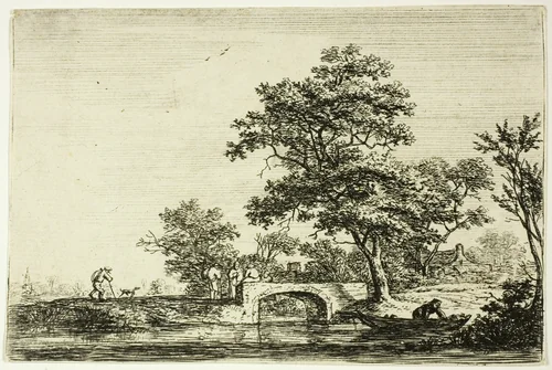 Four Men on a Stone Bridge by Anthonie Waterloo, print, 1630-1690