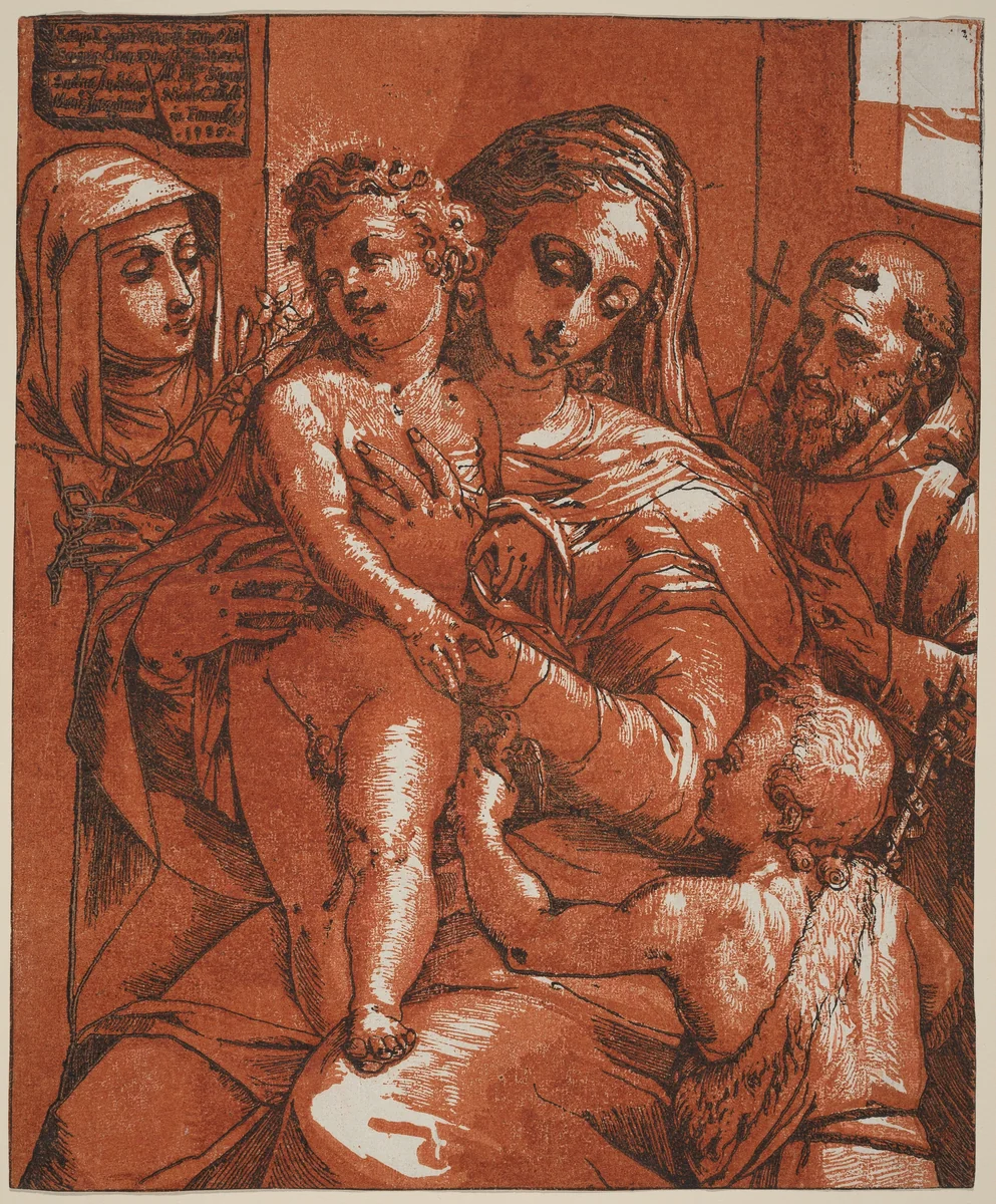 Madonna and Child Accompanied by Saints by Andrea Andreani; Jacopo Ligozzi, print, 1585