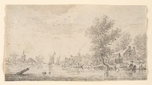 Village on a River by Jan van Goyen, drawing, 1642-1653