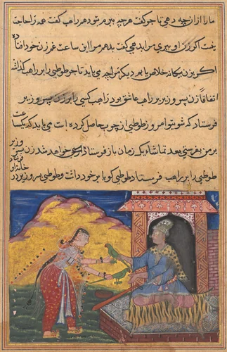 The wife of the son of the vizier brings the magic wooden parrot to her lover, the monk, who exchanges it for the replica, from a Tuti-nama (Tales of a Parrot): Tenth Night by Lalu, painting, 1555-1565