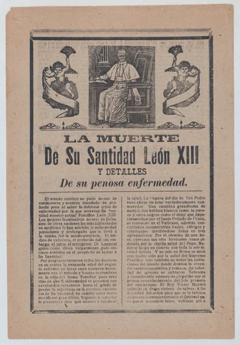 Broadsheet relating to the death of Pope León XIII, he is shown in his study flanked by angels by José Guadalupe Posada, print, 1895-1905