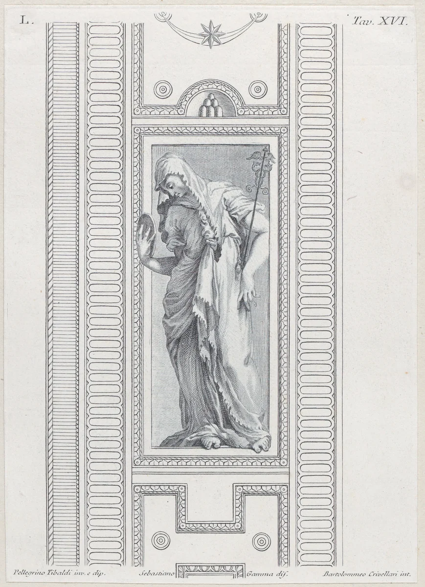 Plate 16: mythological figure holding a mirror by Bartolomeo Crivellari, print, 1756