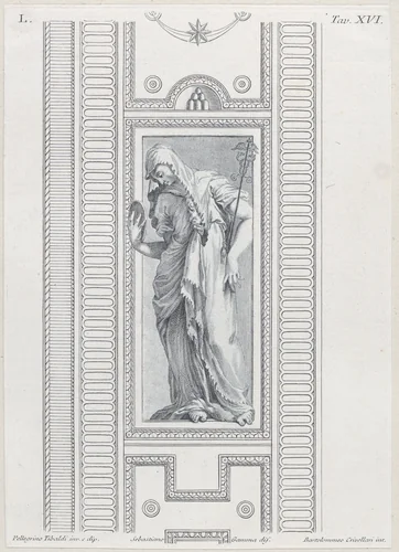 Plate 16: mythological figure holding a mirror by Bartolomeo Crivellari, print, 1756