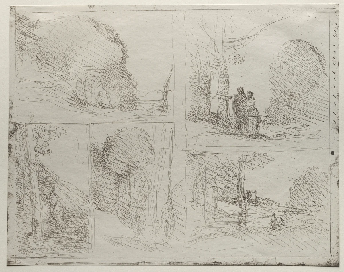 The Garden of Pericles; The Painter's Lane; Scrawl; The Large Woodcutter; The Tower of Henry VIII by Jean-Baptiste-Camille Corot, print, 1921