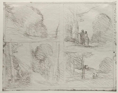 The Garden of Pericles; The Painter's Lane; Scrawl; The Large Woodcutter; The Tower of Henry VIII by Jean-Baptiste-Camille Corot, print, 1921