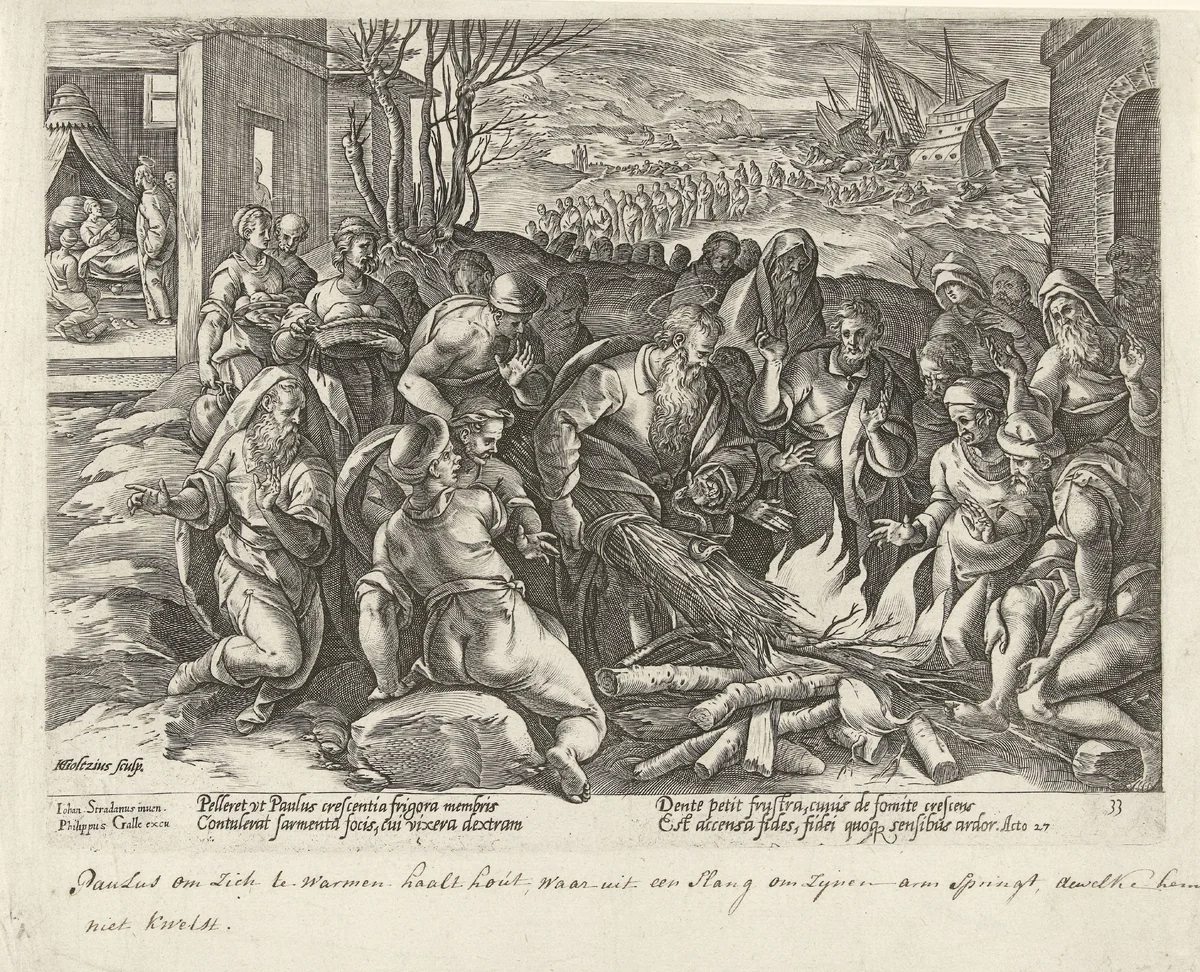Paulus wordt in Malta gebeten door een adder by Unknown, print, 1582