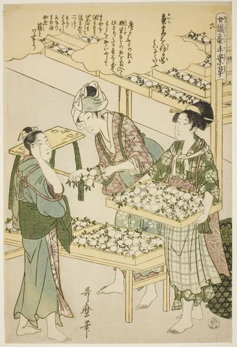 No. 6 (roku), from the series "Women Engaged in the Sericulture Industry (Joshoku kaiko tewaza-gusa)" by Kitagawa Utamaro (喜多川歌麿), print, 1793-1805