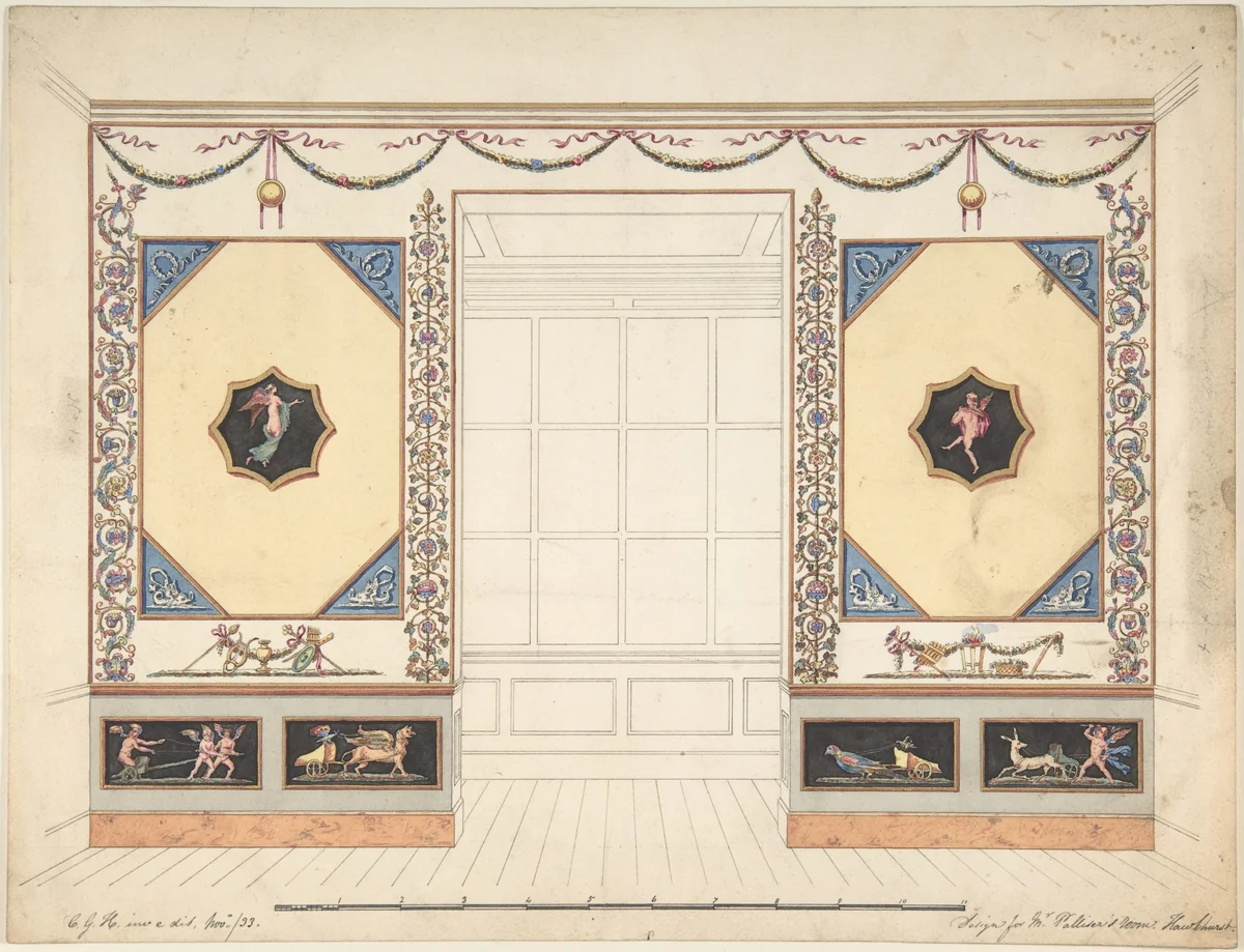 Design for a Room in the Etruscan or Pompeian style (Elevation) by C. G. Hawkhurst, drawing, 1833