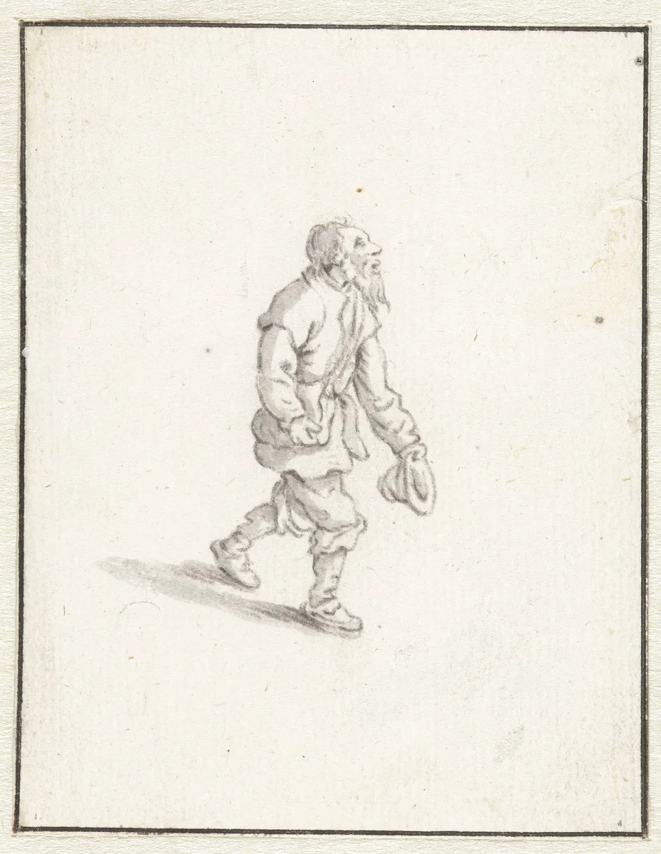 Lopende man met zijn hoed in zijn hand by Herman Saftleven, drawing, 1619-1685