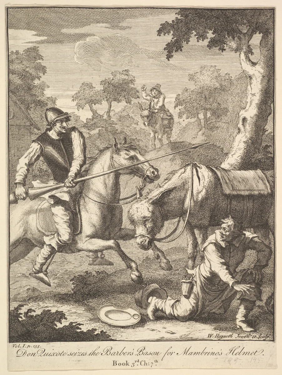 The Adventure of Mambrino's Helmet (Six Illustrations for Don Quixote) by William Hogarth, print, 1756