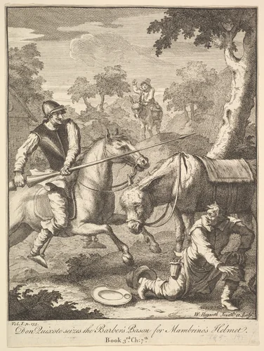 The Adventure of Mambrino's Helmet (Six Illustrations for Don Quixote) by William Hogarth, print, 1756