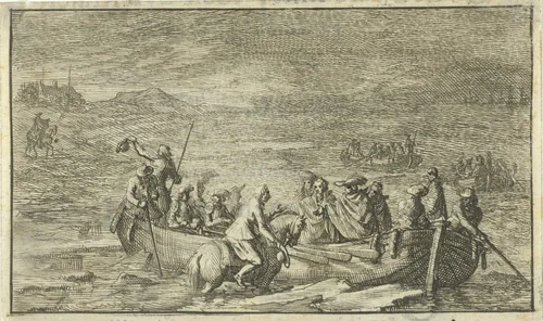 Koning met zijn gevolg in een roeiboot by Jan Luyken, print, 1691
