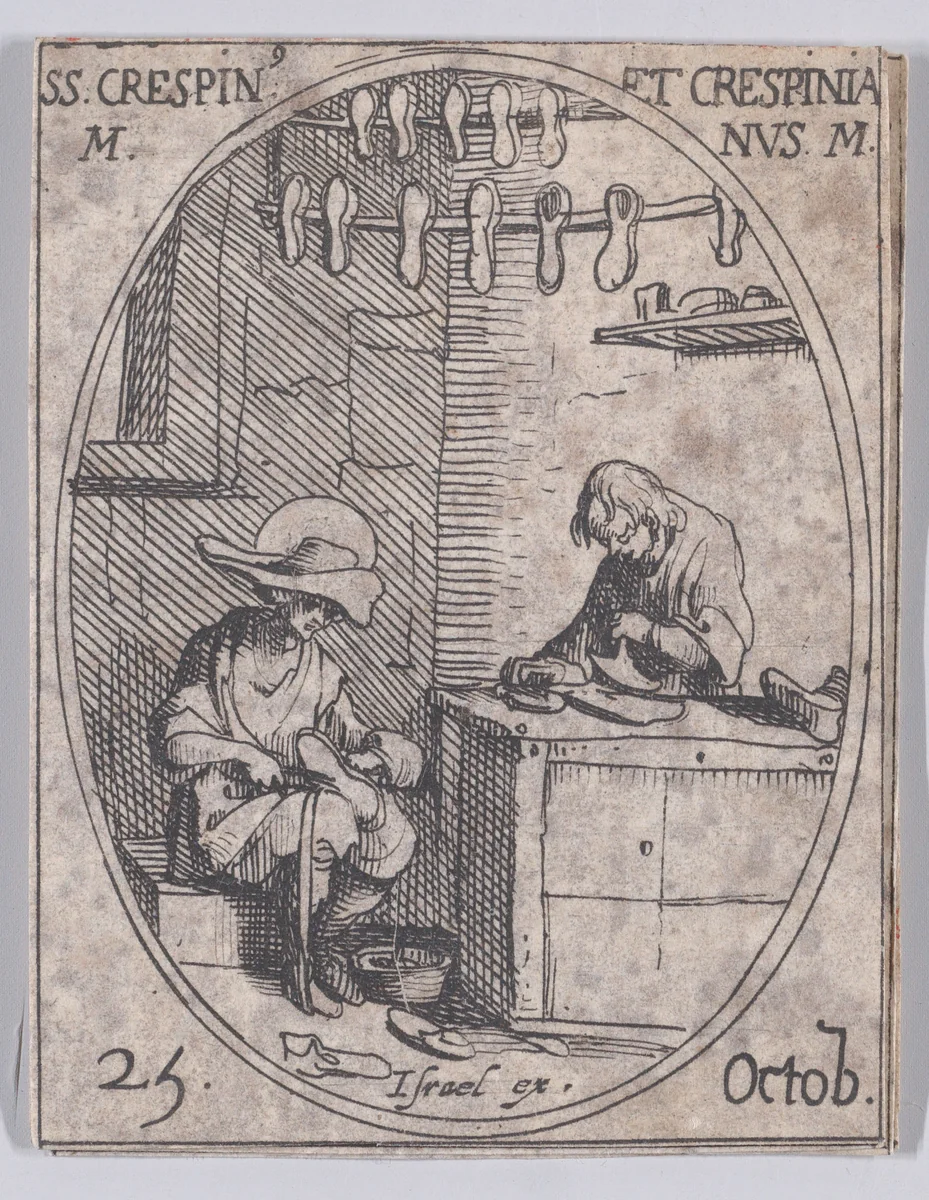 S. Crespin et S. Crespinien (St. Crispin and St. Crispinian), October 25th, from "Les Images De Tous Les Saincts et Saintes de L'Année" (Images of All of the Saints and Religious Events of the Year) by Jacques Callot, print, 1636