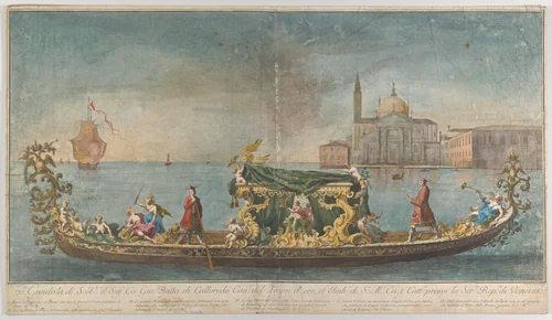 The highly ornamented second gondola of Ambassador Giovanni Battista Colloreado entering Venice by Giovanni Antonio Faldoni, print, 1720-1730