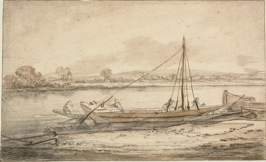 River Scene by Abraham de Verwer or Daniel Schellinks, drawing, 1640-1701