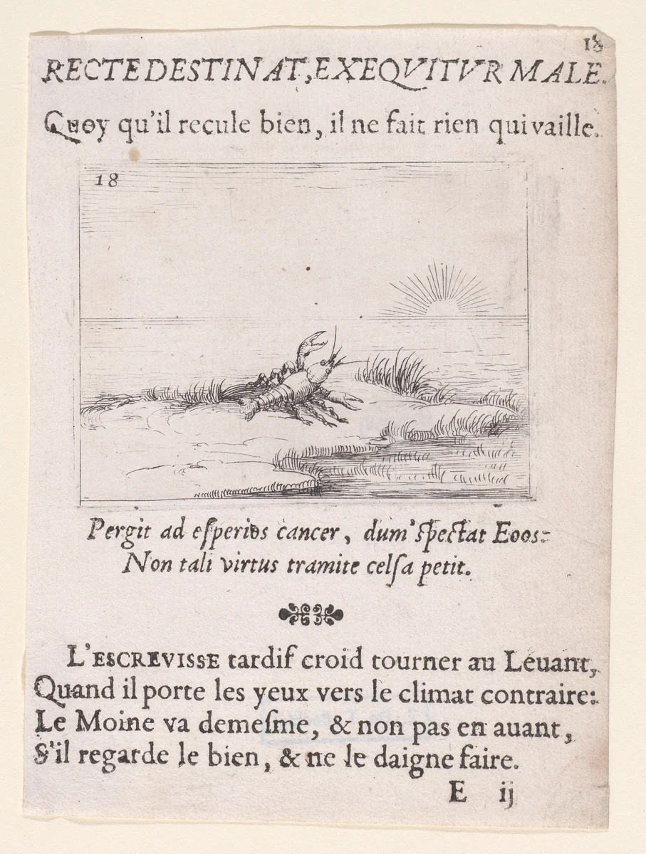 Une Ecrevisse Regardant Le Soleil (A Crayfish Looking at the Sun), plate 18 from "Lux Claustri ou La Lumière du Cloitre" (The Light of the Cloisters) by Jacques Callot, print, 1621-1635