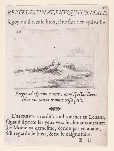 Une Ecrevisse Regardant Le Soleil (A Crayfish Looking at the Sun), plate 18 from "Lux Claustri ou La Lumière du Cloitre" (The Light of the Cloisters) by Jacques Callot, print, 1621-1635