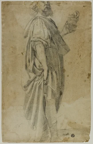 Standing Magus (recto); Sketch of Stable and Trees (verso) by Domenico Fiasella, drawing, 1600-1699