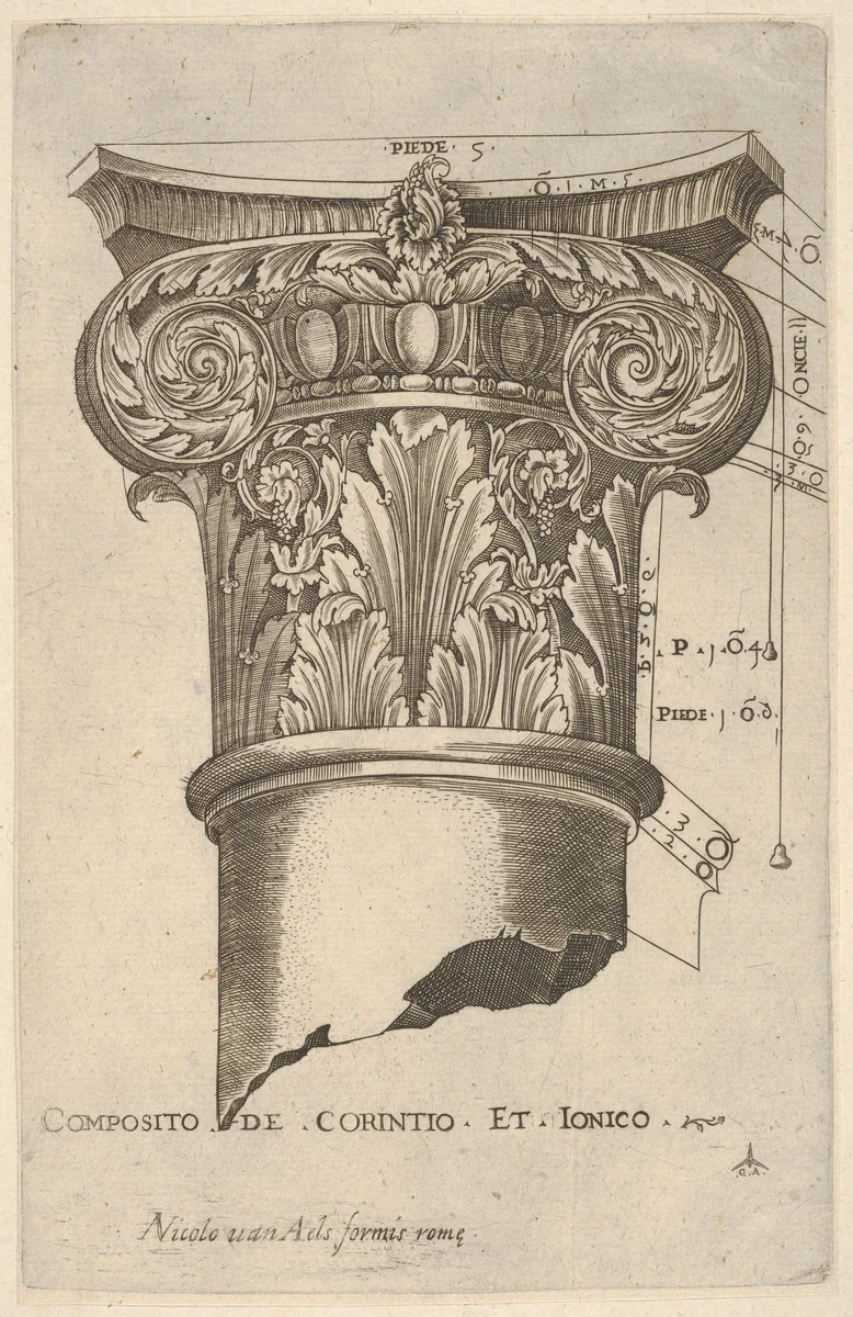 Composite capital with measurements by Monogrammist G.A. with the Caltrop, print, 1525-1535