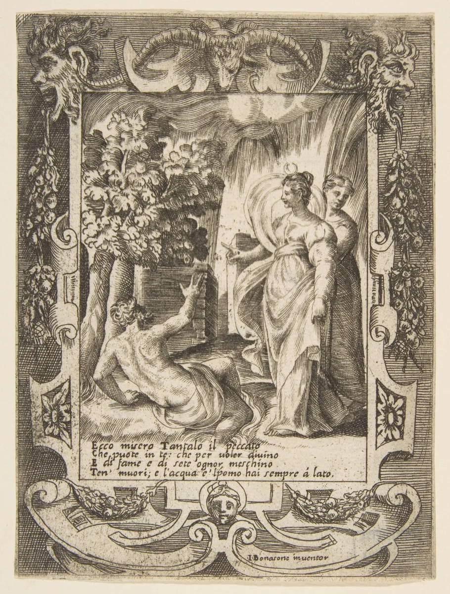 Tantalus at left speaking to Diana at right, set within an elaborate frame, from "Loves, Rages and Jealousies of Juno" by Giulio Bonasone, print, 1531-1576