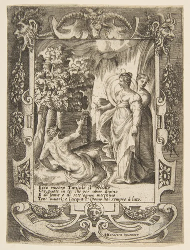 Tantalus at left speaking to Diana at right, set within an elaborate frame, from "Loves, Rages and Jealousies of Juno" by Giulio Bonasone, print, 1531-1576