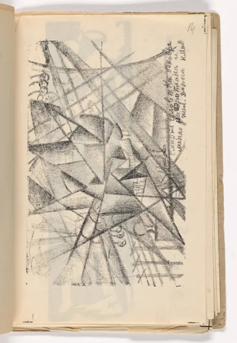 Simultaneous Death of a Man in an Airplane and on the Railroad (plate, folio 15) from Vzorval' (Explodity) by Kazimir Malevich, illustrated book, 1913