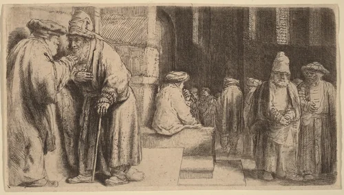 Jews in the Synagogue by Rembrandt van Rijn, print, 1648