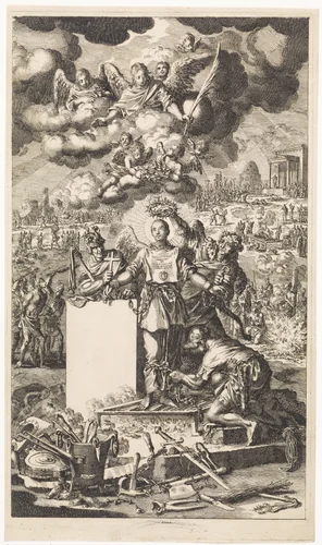Christelijke Kerk bestookt door drie krijgslieden by Jan Luyken, print, 1713