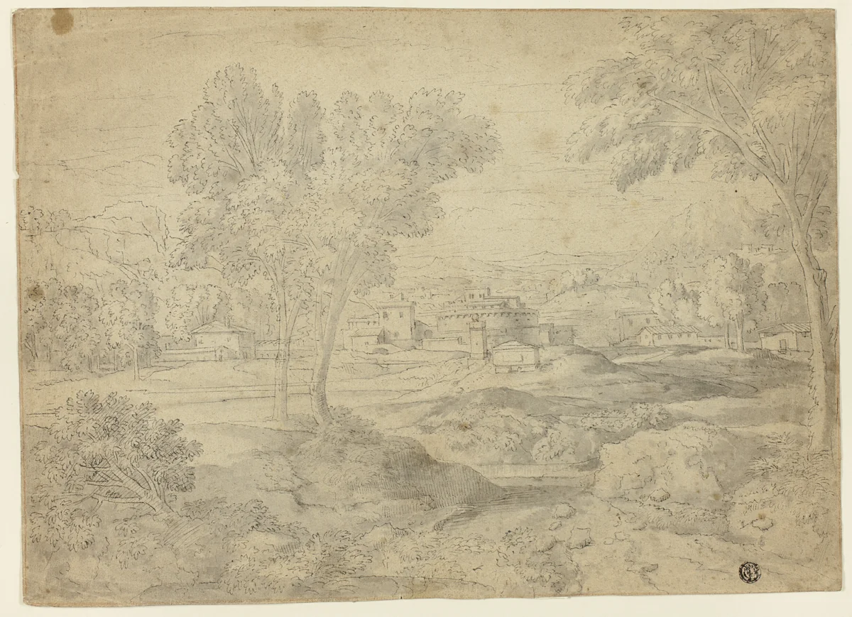 Italianate Landscape with Buildings by Étienne Allegrain, drawing, 1600-1699