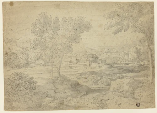 Italianate Landscape with Buildings by Étienne Allegrain, drawing, 1600-1699
