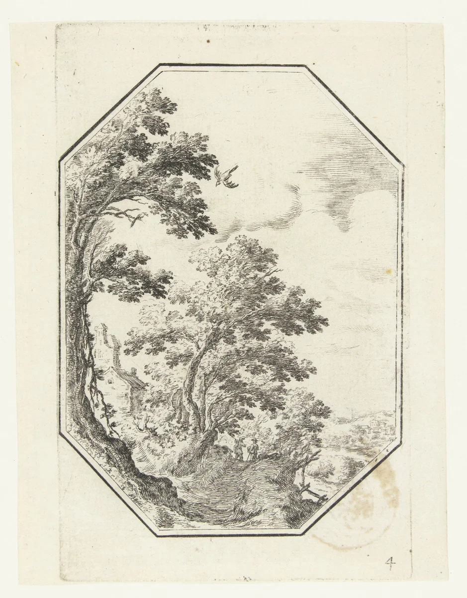 Landschap met pad tussen bomen in octagonaal kader by anonymous, print, 1582-1700