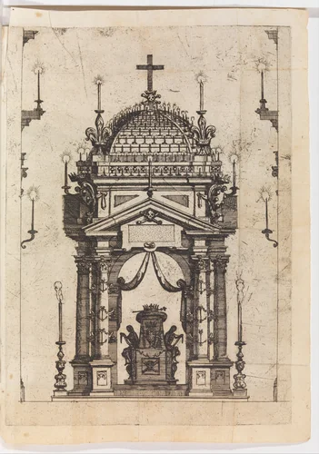 Catafulque for Fernando I, Duke of Tuscany, from Descritione dell'Esequie fatte in Roma dalla Natione Fiorentina al Serenissimo Ferdinando III Gran Duca di Toscana Il dì 22 di Giugno 1609 by Giacomo Mascardi, print, 1609-1610