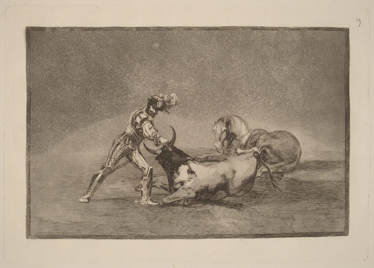 Un caballero espanol mata un toro despues de haber perdido el caballo (A Spanish Knight Kills the Bull after Having Lost His Horse) by Francisco Goya, portfolio, 1816