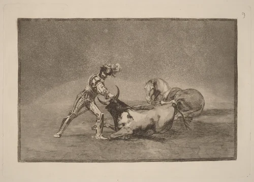 Un caballero espanol mata un toro despues de haber perdido el caballo (A Spanish Knight Kills the Bull after Having Lost His Horse) by Francisco Goya, portfolio, 1816